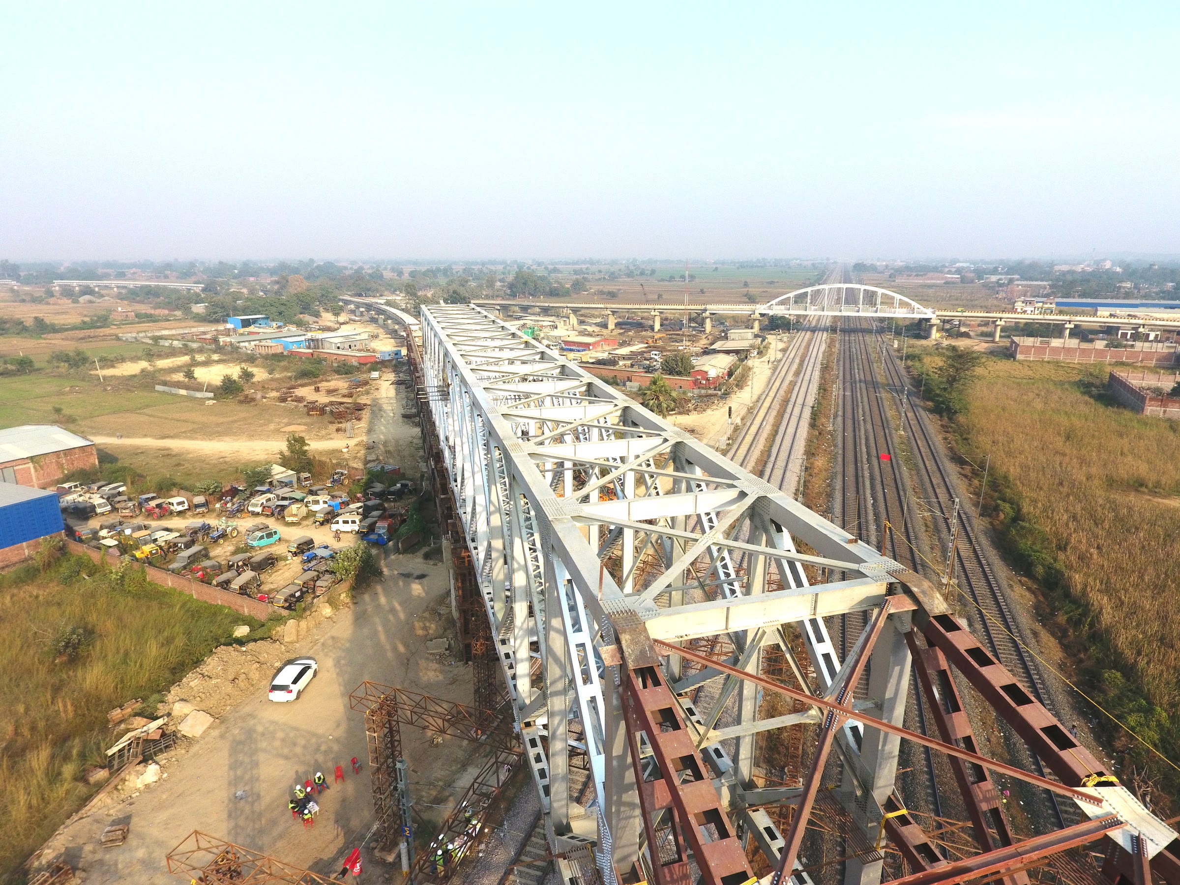 Truss girder launched across a live railway line