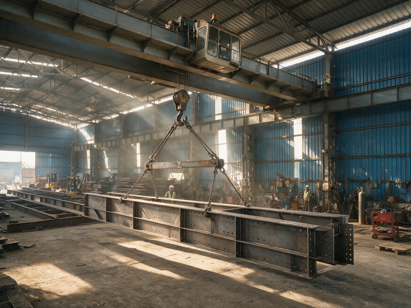 Overhead EOT crane lifting a fabricated plate girder with a spreader beam in the fabrication shed